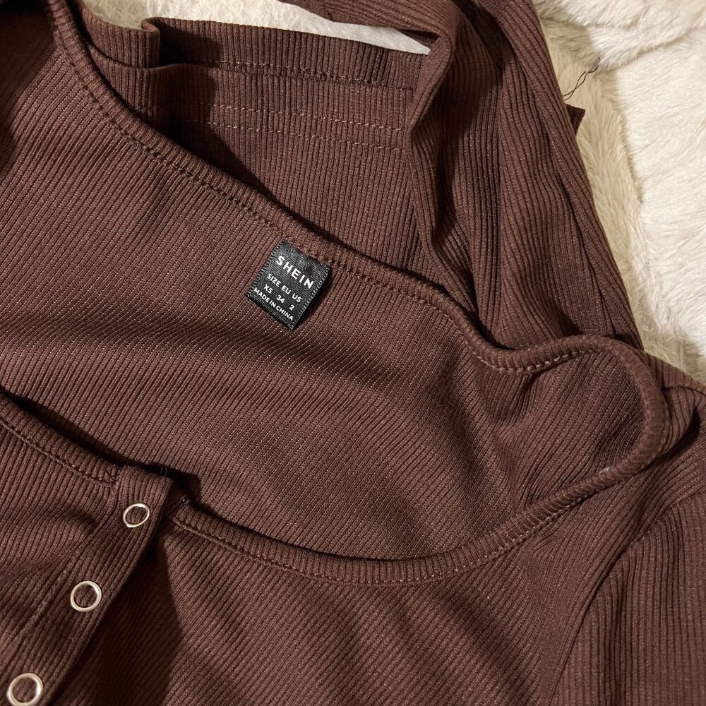 Shein Brown Henley Snap Button Long Sleeve